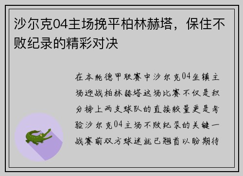 沙尔克04主场挽平柏林赫塔，保住不败纪录的精彩对决