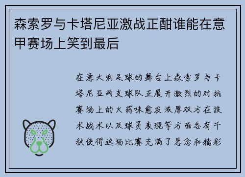 森索罗与卡塔尼亚激战正酣谁能在意甲赛场上笑到最后