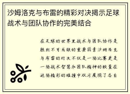 沙姆洛克与布雷的精彩对决揭示足球战术与团队协作的完美结合