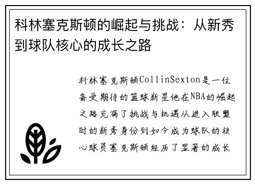 科林塞克斯顿的崛起与挑战：从新秀到球队核心的成长之路